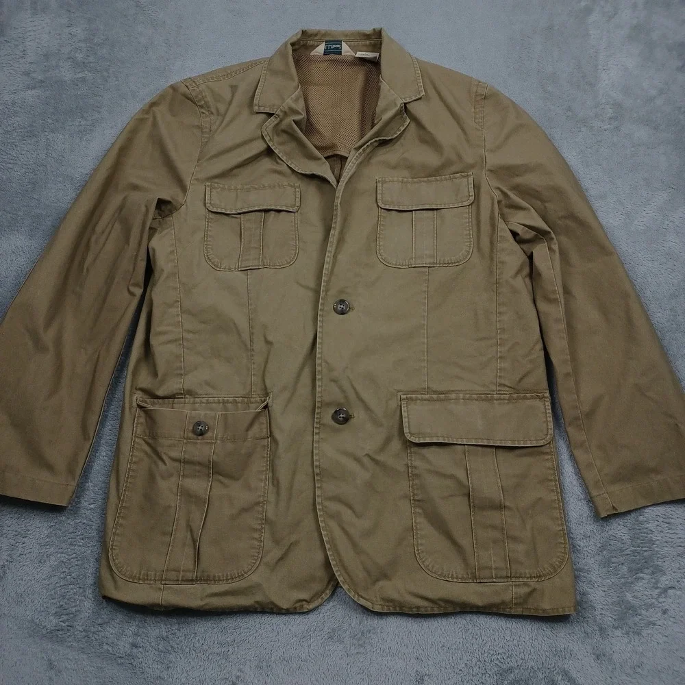 LL Bean Coat Mens 42 Brown Outdoor Hunting Pockets Casual Safari